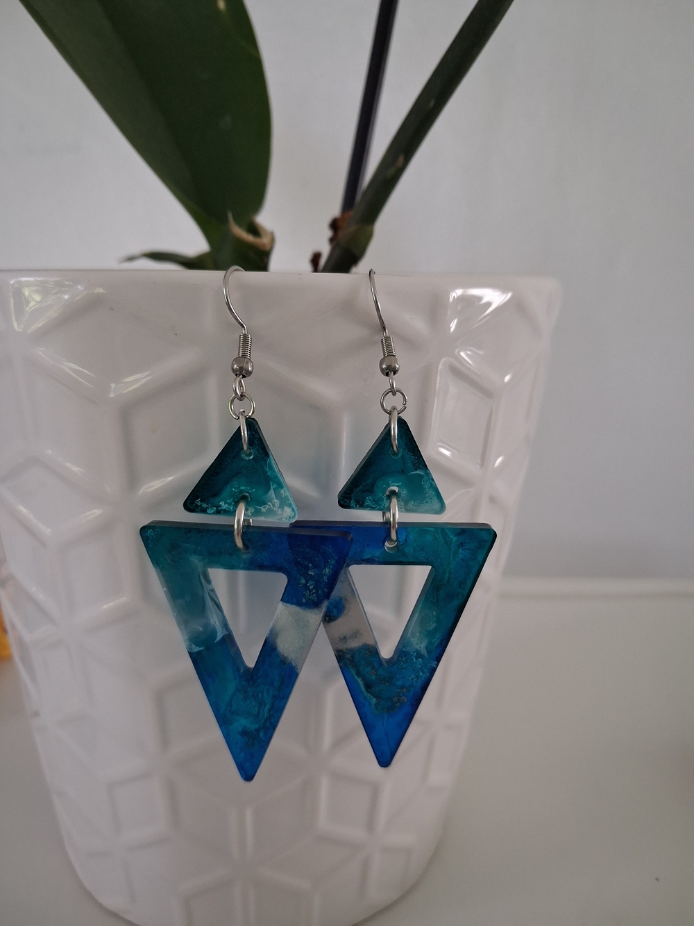 Handmade Blue Triangle Resin Drop Earrings
